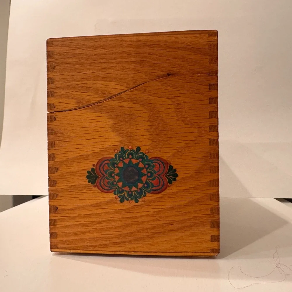 Vintage Wooden Jewelry Box Hinged Hidden Drawer Design Folk Art Detail‎